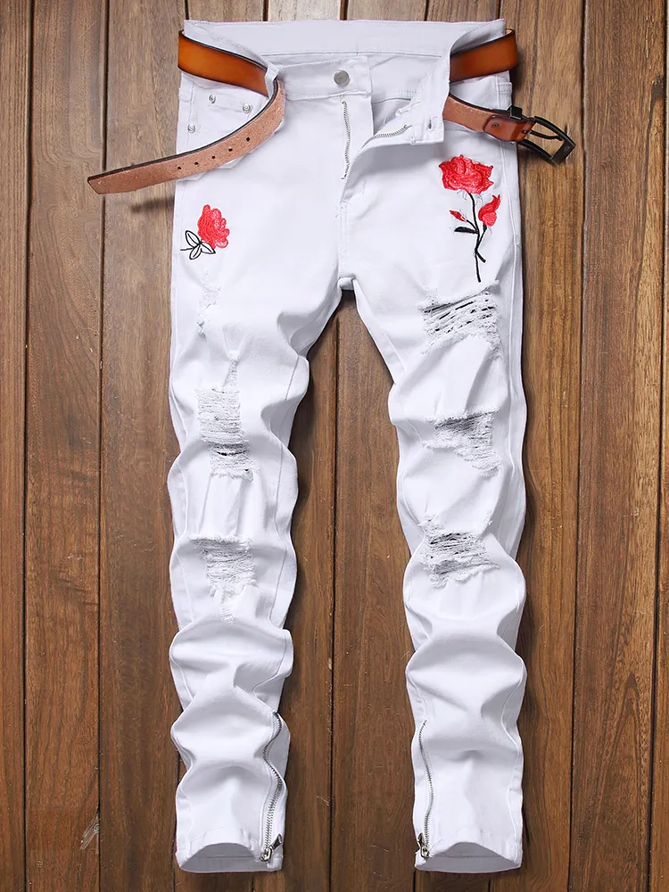 Embroidered Rose Men's Jeans Summer Stretch Denim Pants Pantalones Para Hombre Vaqueros