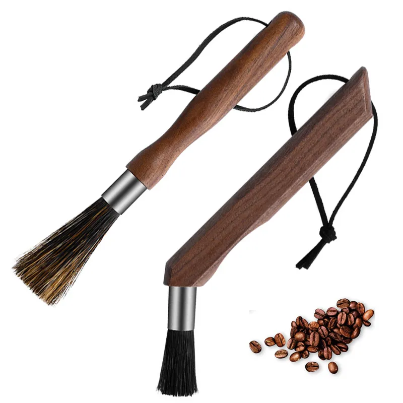 Brosses de moulin à café, poils naturels, manche en noyer avec lanière, outil de nettoyage de Machine à expresso pour Barista KDJK2104