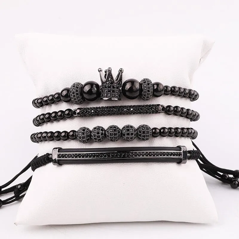 Tennis Jaravvi Hög kvantitet Rostfritt stålpärlor CZ Crown Charm Cord flätad Macrame Friendship Armband Set Men247b