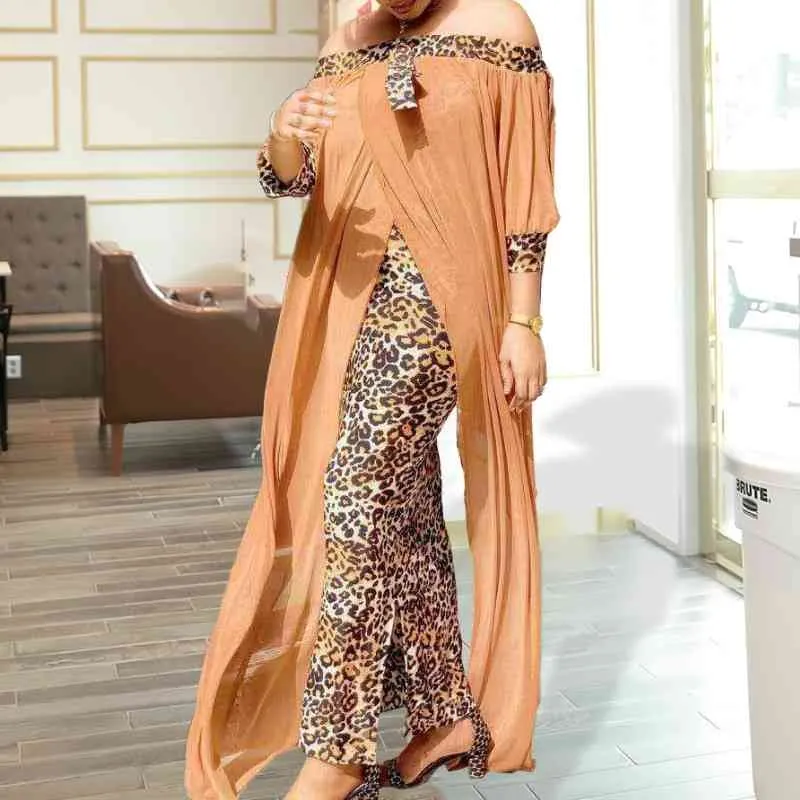 Women Off Shoulder Long Dress Printed Leopard Loose African Female Party Maxi Celebrate Event Robes Vestidos 210416