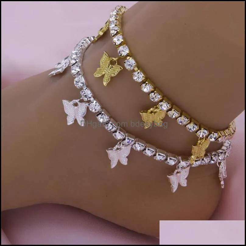 Iced Out Butterfly Tennis Anklet For Women Rhinestone Crystal Butterfly Beach Sandals Foot Chain Bracelet Jewelry