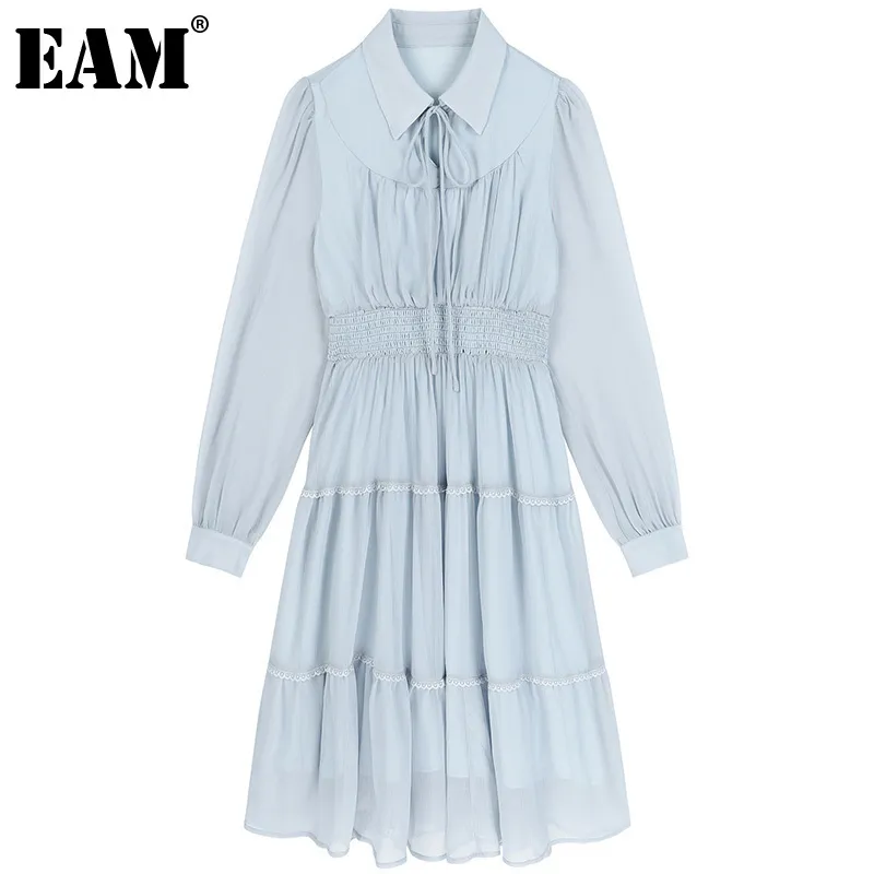 [EAM] Women Blue Pleated Ruffles Chiffon Mid-Calf Dress Lapel Long Sleeve Loose Fit Fashion Spring Summer 1DD8006 210512