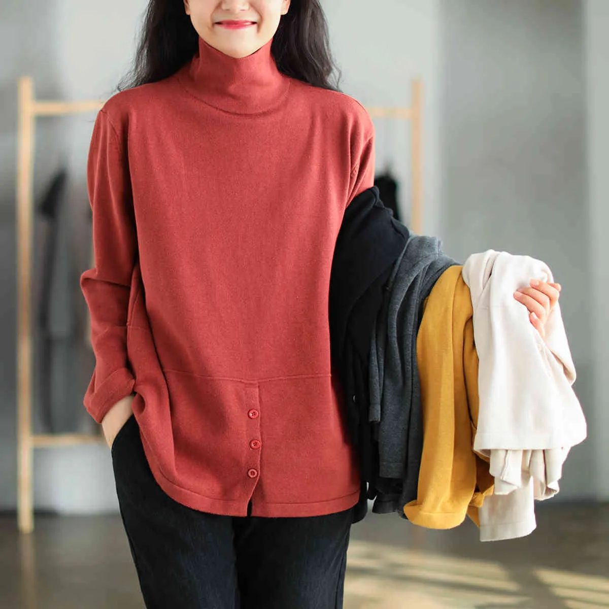 Juatuature Women Turtleneck Pullover 스웨터 캐주얼 가을 의류 솔리드 컬러 긴 소매 면화 부드러운 여성 스웨터 210521