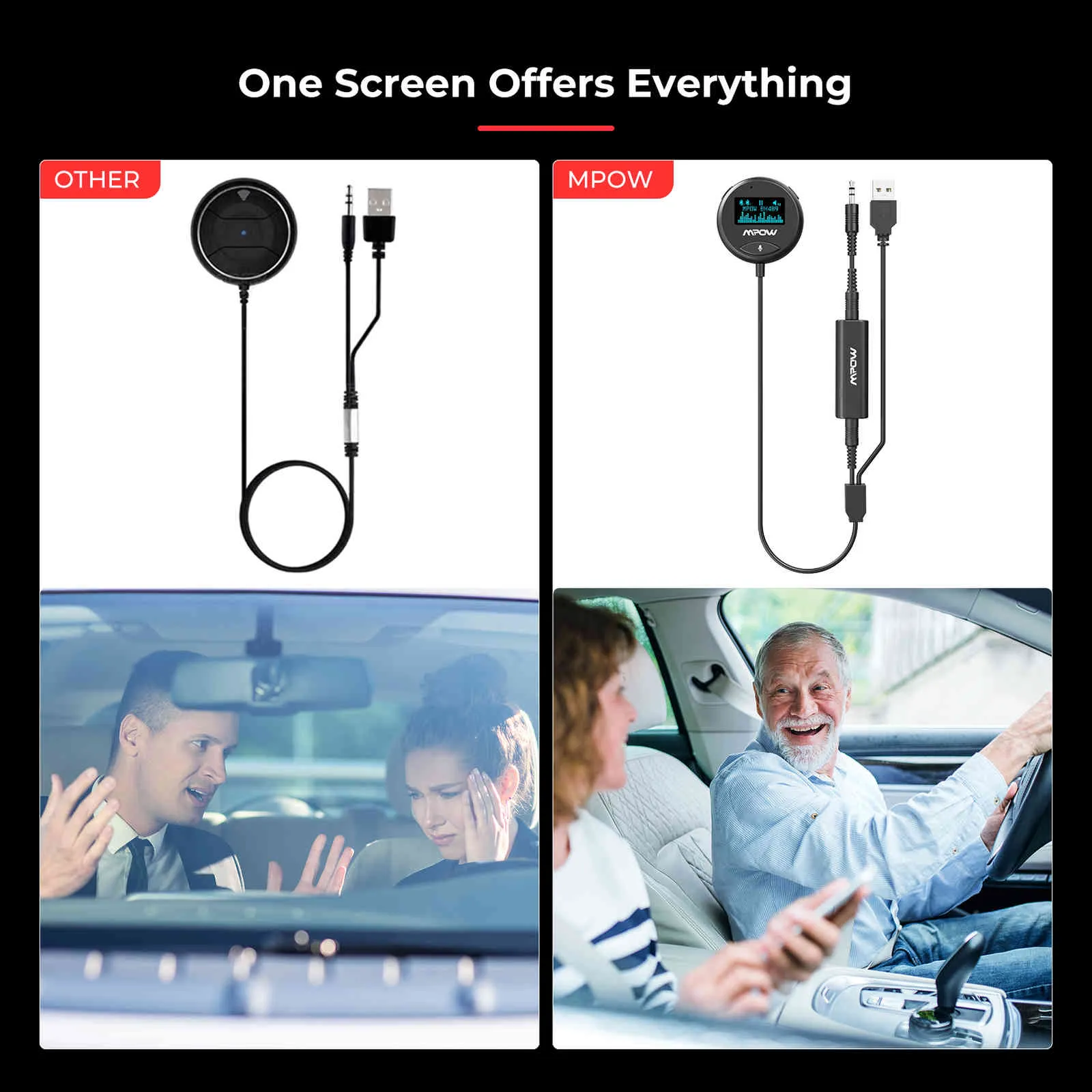 Mpow BH489 5.0 Adapter with Screen and Noise Isolator Bluetooth Wireless Music Receiver for Car Auto Audio System