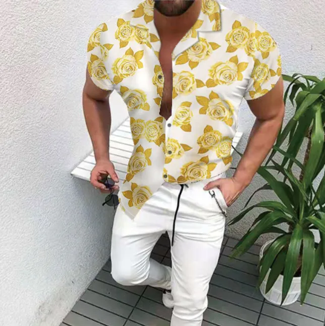 Hippie-Boho Men's Casual Shirts short sleeve flower printed blusa Top Camisas casuales para hombres camicetta blouse