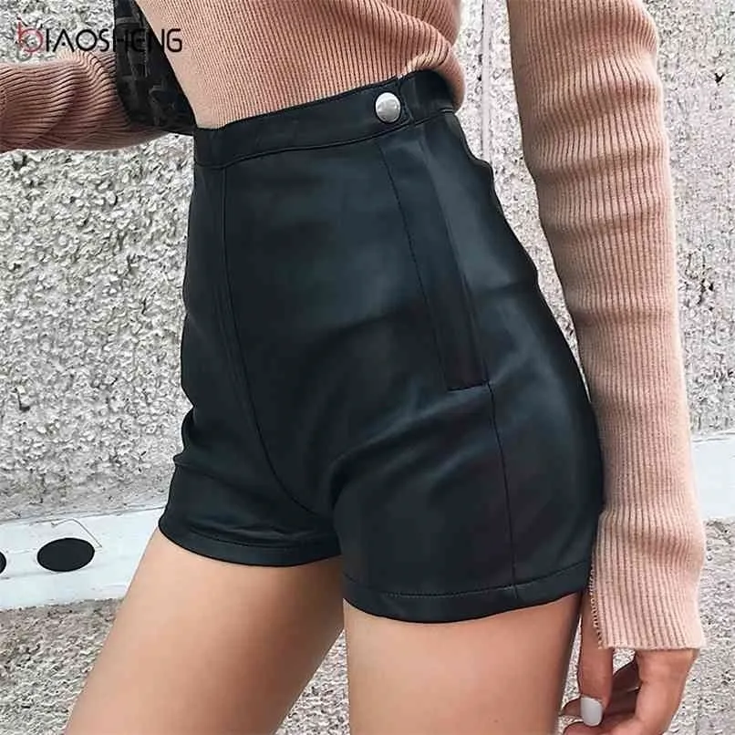 Pantalones cortos para mujer Falda de cuero de imitación Mini faldas femeninas negras de talle alto para mujeres Sexy Verano Moda indefinida 210724