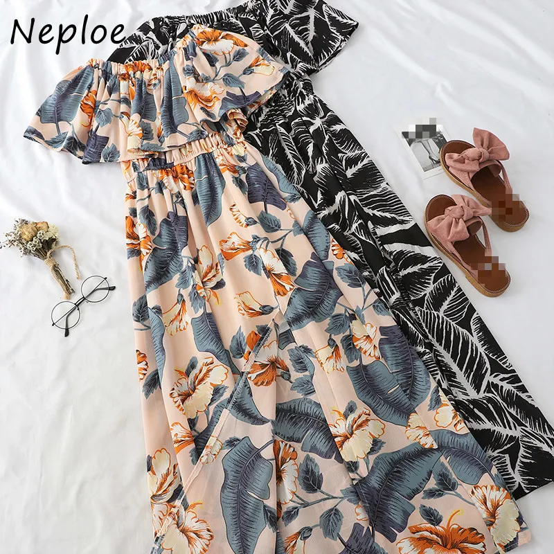 Neploe Verão Novo Vestido Coreano Slash Pescoço De Manga Curta Ruffle Split Vestidos Longos Temperamento Cintura Slim Impresso Vestidos 210423