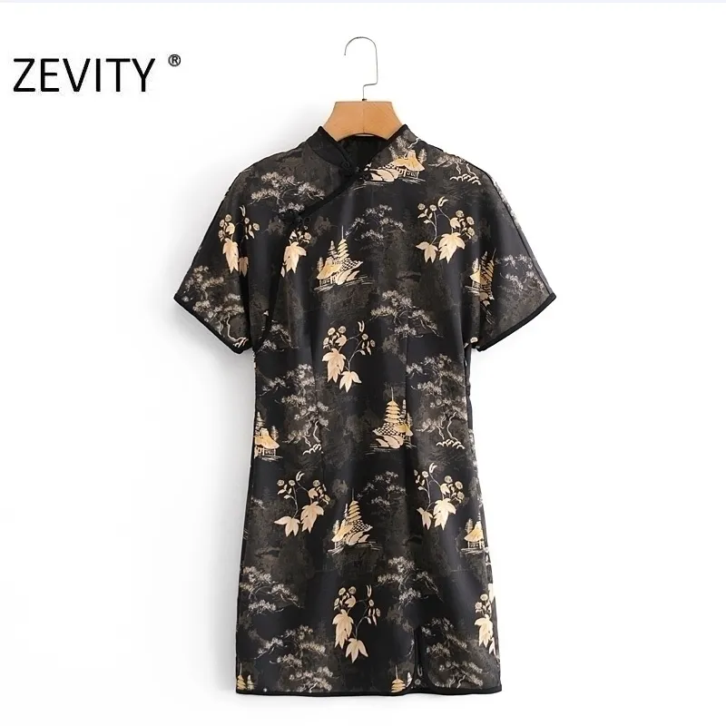 Zevity stile cinese nuove donne vintage manica corta stampa una linea mini abito femminile retro colletto alla coreana fibbia chic vestido ds4577 210329