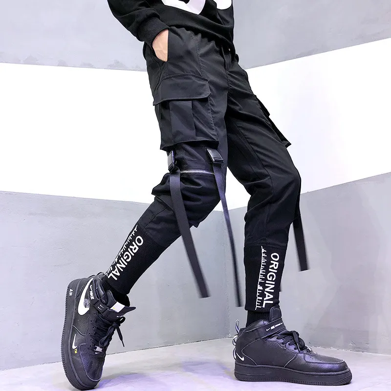 Pantalon de chargement HIP-HOP Jogger Multi-poche Noir Streetwear Rubans Mode Pantalon de survêtement Mens Harem Casual Pants