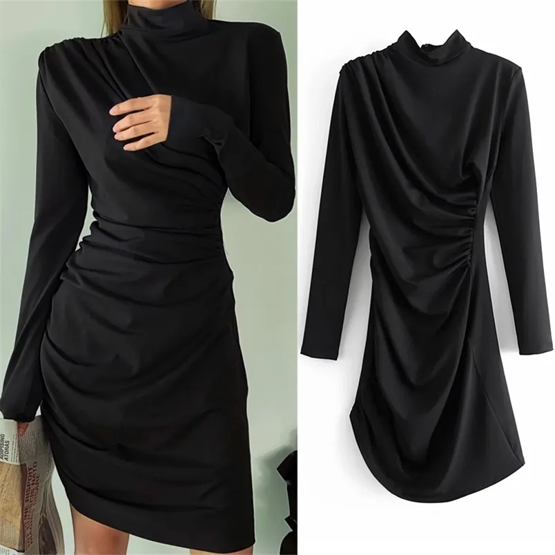 Abito corto drappeggiato nero Donna Autunno Moda Collo alto Manica lunga Runch Sexy es Ladies Party Runway 210519