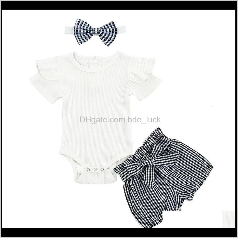 Hot 3PCS Infant Newborn Baby Girl Clothes Solid Color Romper Stripe Plaid Pants Headband Summer Outfits Set1