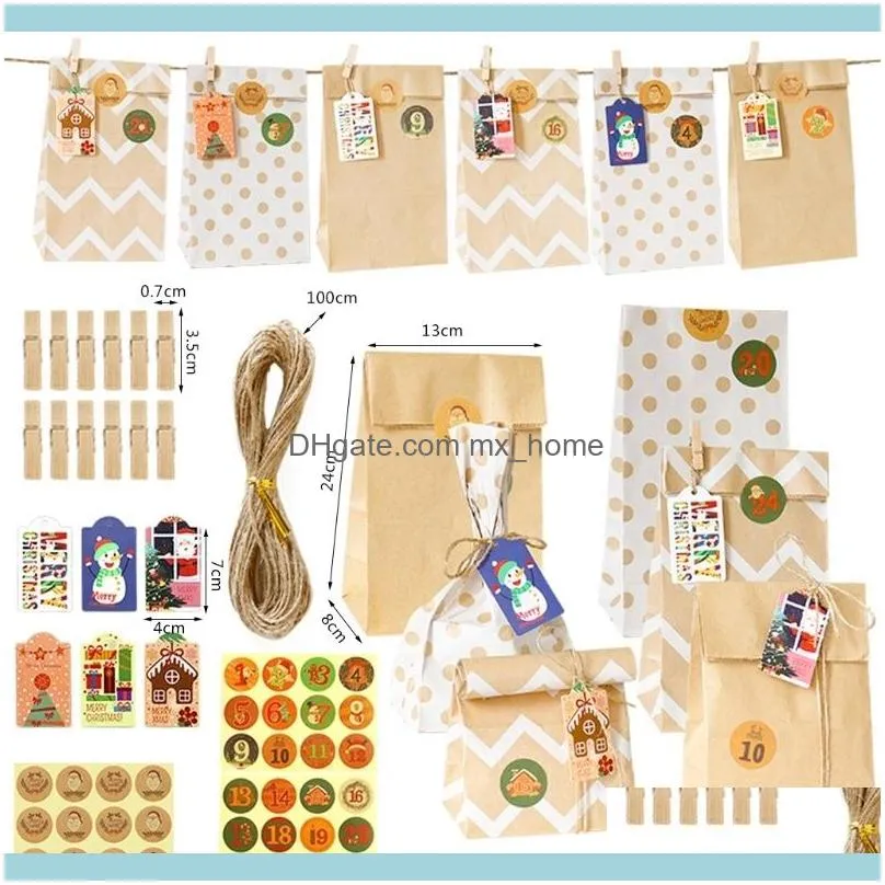 24 Sets Christmas 1-24 Advent Calendar Kraft Paper Candy Bag with Tags Clips Stickers Hemp Rope Gift Storage Decoration 201127