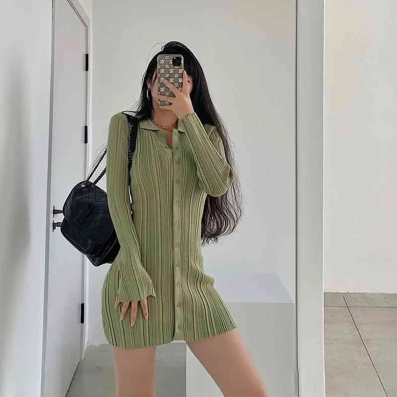 WOMENGAGA Sexy Slim Single Breasted Elastic Turn-down Collar Long Sleeve Hip Wrap Fold Mini Dress Girl Female H0SZ 210603