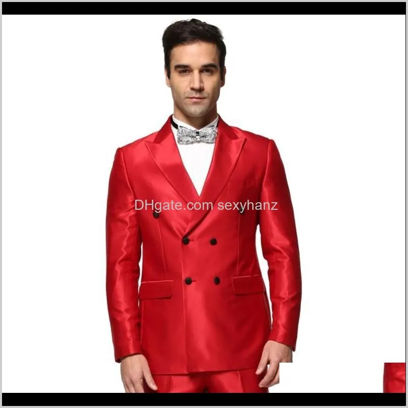 (jacket+pant) men wedding suits new style solid color shiny red personality men suit slim fit dress