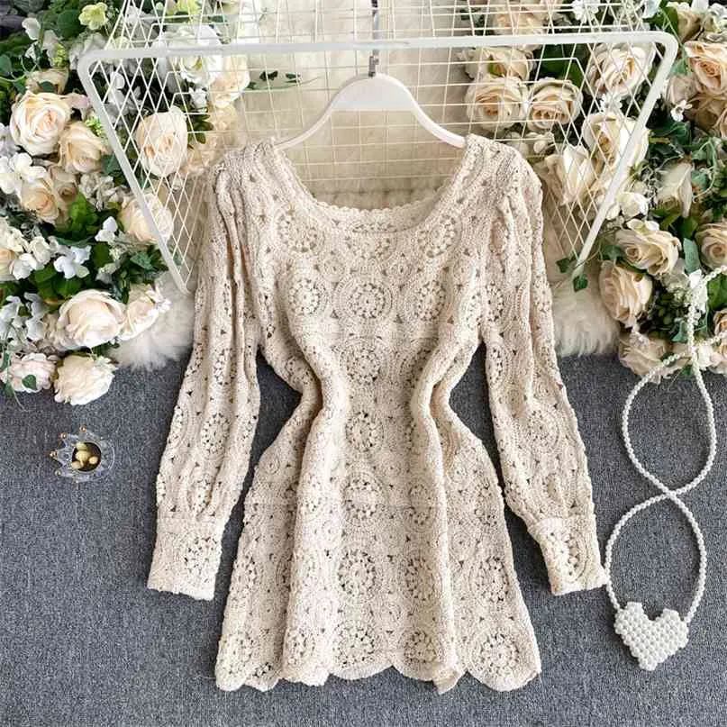 Women's crochet knit top solid cover up summer bohemian beachwear long sleeve square collar hollow out knitting blouse tops 210603