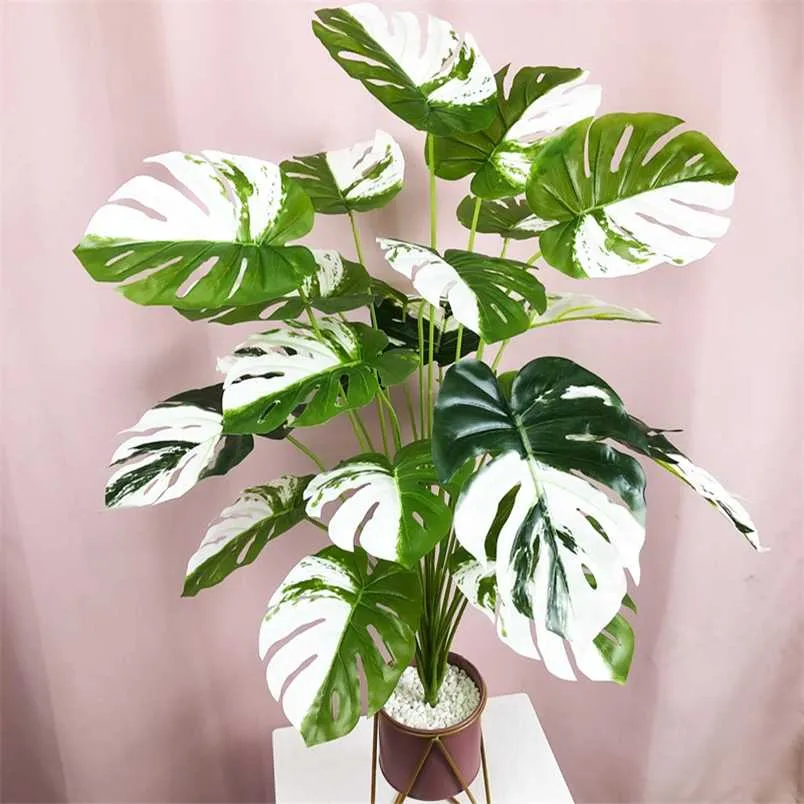 75cm 24 Leaves Artificial Monstera Large Tropical Plants Real Touch Palm Leaves Fake Plastic Turtle Foliage Home Office Decor 211104