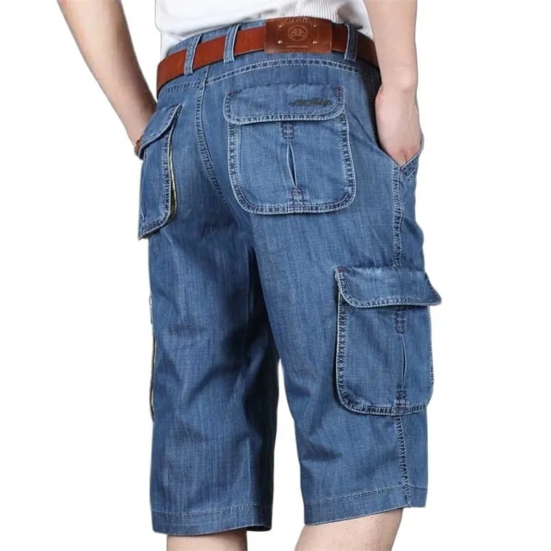 العلامة التجارية الصيف رجل جينز الدينيم السراويل القطن البضائع كبيرة جيب كبير فضفاض فضفاض واسعة الساق التطريز برمودا شاطئ boardshort 210716