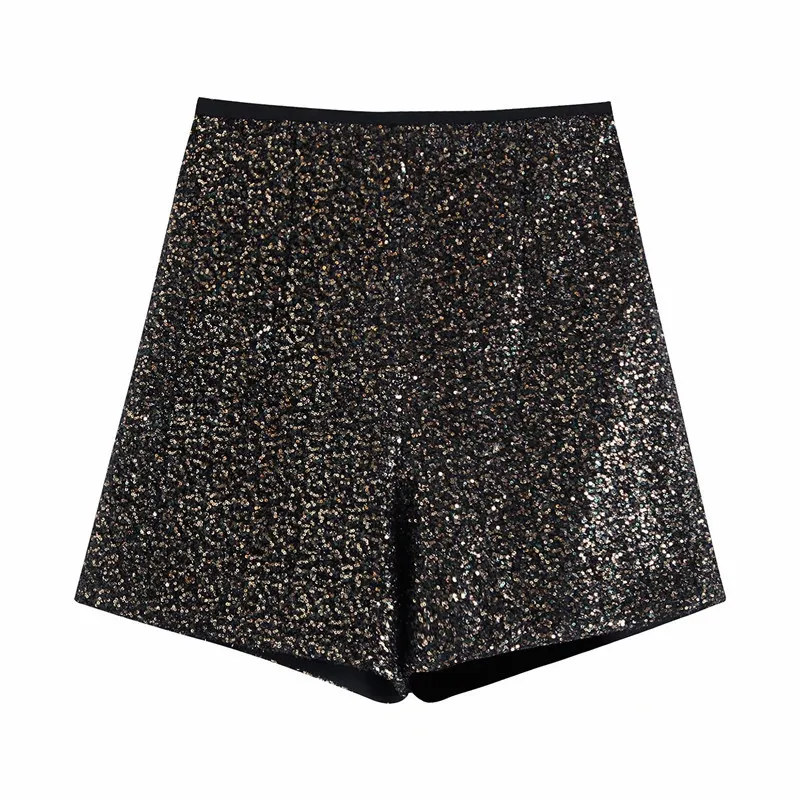 Evfer Autumn Stylish Lady Shinny Sequined Club Style Shorts Women Fashion Elastic High Waist Short Pants Female Casual 210421