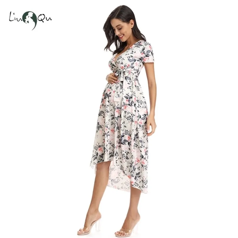 Women High-Low Surplice Wrap with Waist Belt Maternity Dresses Adjustable V Neck Pography Dress Breastfeeding Pregnant Clothe 210922