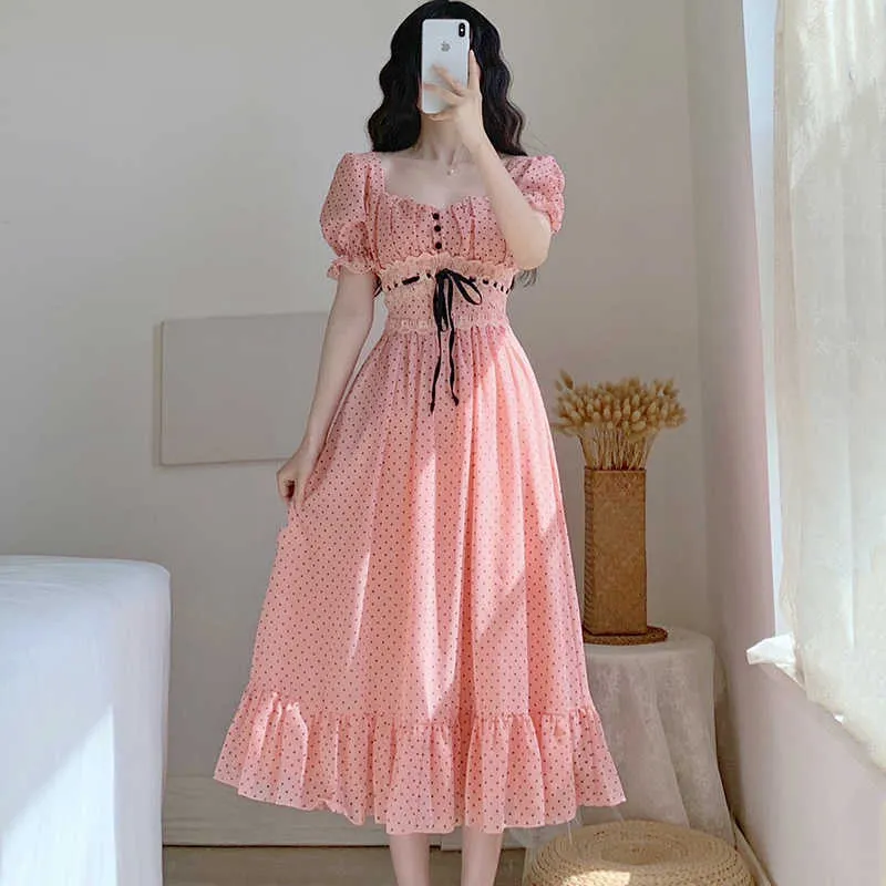 Simple Polka Dot Party Dress Women Puff Sleeve Casual Daily Bohemian Style Chiffon Vestidos Clothes 210529