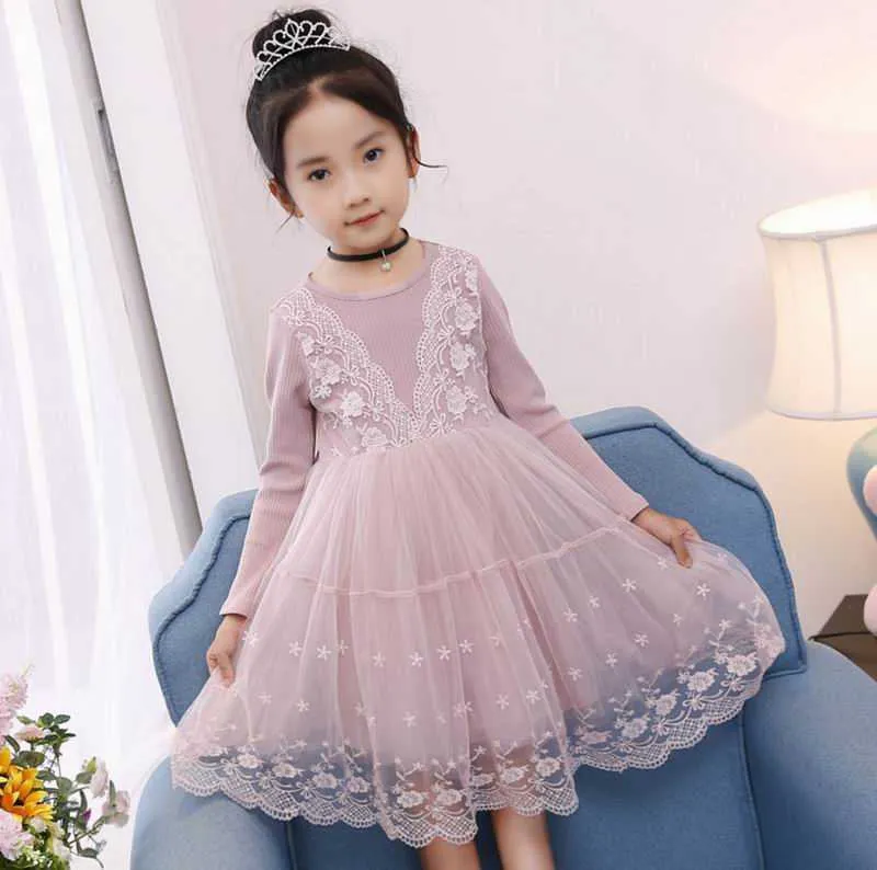 Retail Spring Autumn Baby Girls Dresses Lace embroidery Splice gauze Long Sleeve Dress Children Clothing E316964 210610