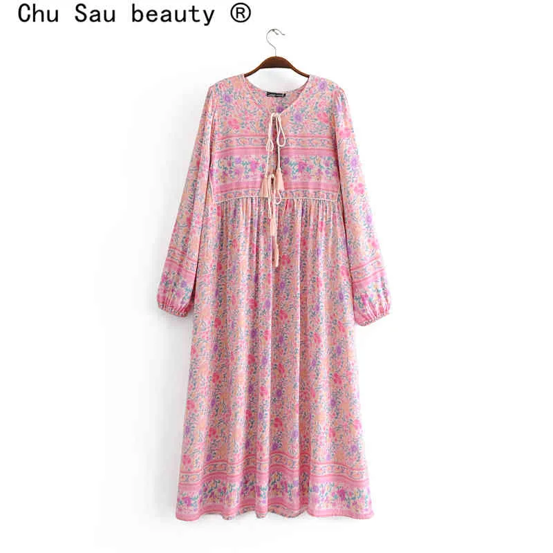 Chu Sau Beauty Bohemian Chic Floral Print Maxi Robe Femmes Vacances Mode Lâche Robes Loisirs Femme Vestine de Moda 210508