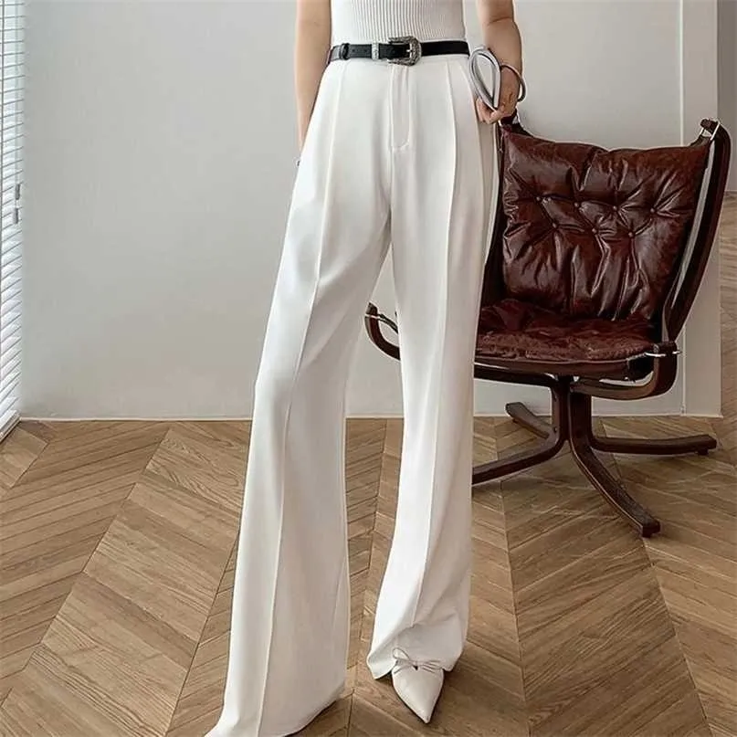Não transparente calças brancas para mulheres cintura alta zíper bolso grande tamanho grande grande perna larga marinha azul calças 211115