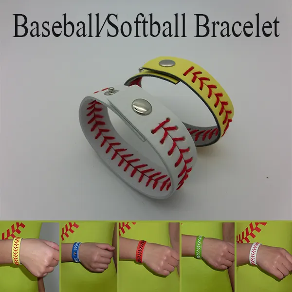 Desconto de couro real softball amarelo braceletes e pulseira de costura branca de beisebol