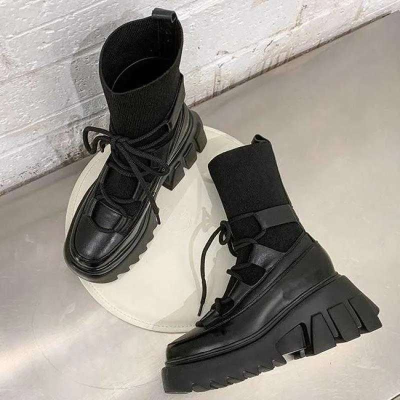 Automne hiver noir bottes courtes nouvelles chaussures pour femmes 2020 INS plate-forme bottes pour femmes talons épais tissu extensible Y0910