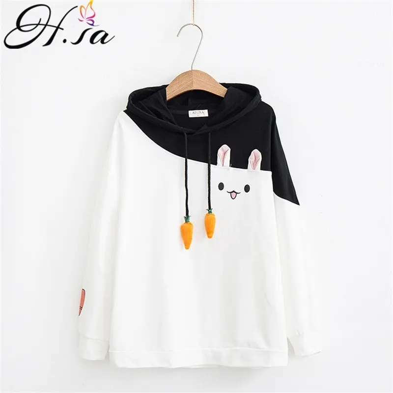 H.SA Sonbahar Moda Kadınlar Kawaii Sevimli Hoodies Tavşan Karikatür Kazak Şapka Kore Tarzı Uzun Kollu Eşofman KPOP 210417