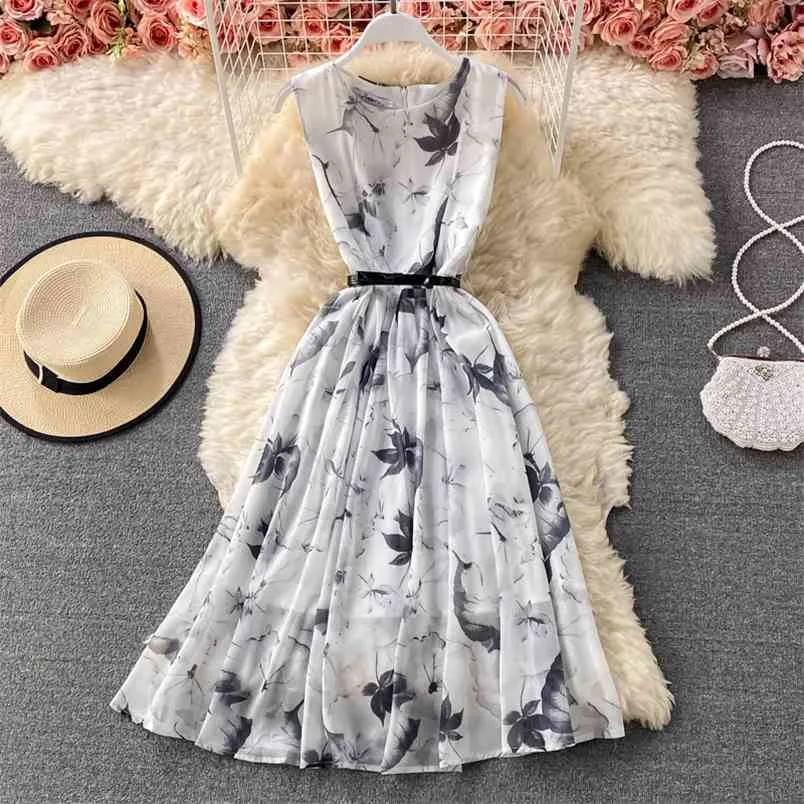 Summer Vintage Ink Print Big Swing Chiffon Party Abito lungo Moda donna Elegante Casual Bohemian Beach Abiti longuette Robe Femme 210514