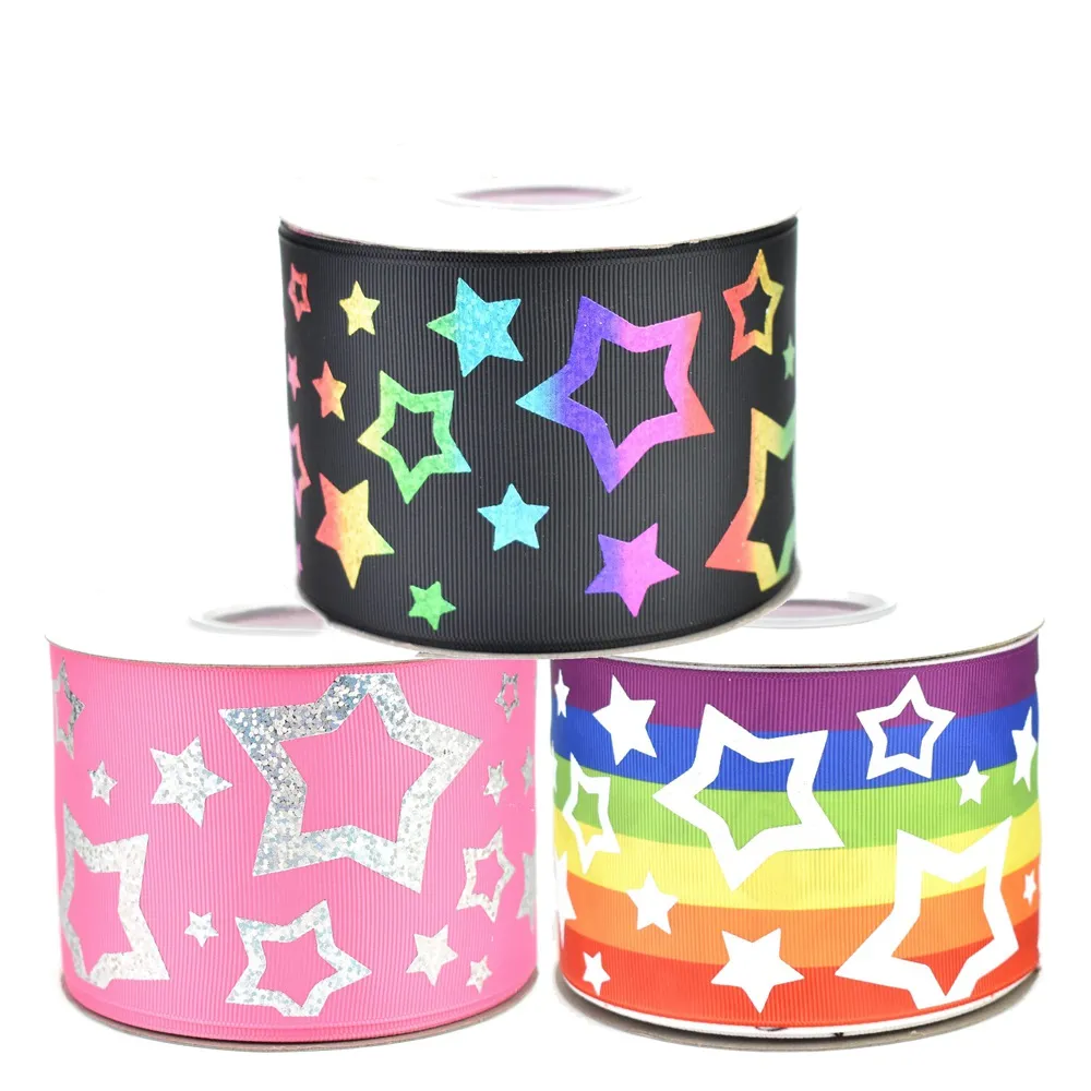 50Yller 75mm Multicolored Stars Star Grosgrain Ribbon för DIY Tillbehör Välkommen Custom Printed