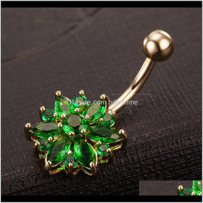 luxury earrings in navel 316l stainless steel green flower crystal navel bars gold belly button ring piercing jewelry
