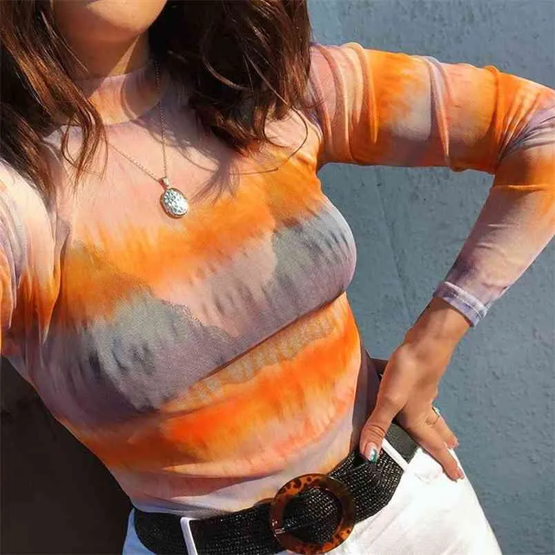 Sexig Tie Dye Färgrik Patchwork Turtleneck Långärmad Mesh T-shirt Kvinnor Transparenta Toppar Se genom Tees Slim Kläder 210517