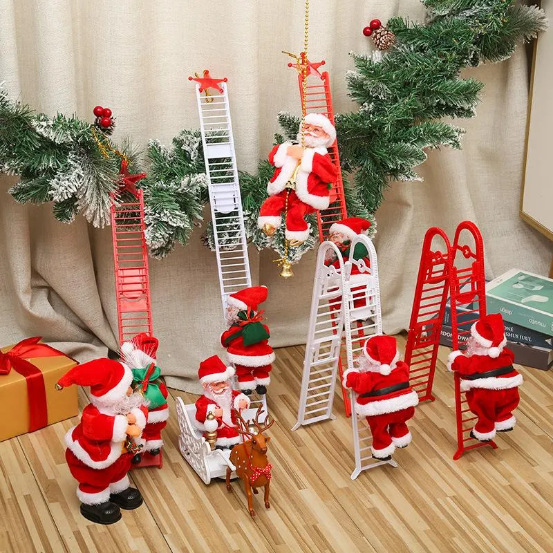 Noel Süslemeleri 2022 Hediye Elektrikli Tırmanma Merdiveni Santa Claus Süs Dekorasyon Ev Ağacı Için Müzik Asılı Dekor Ile