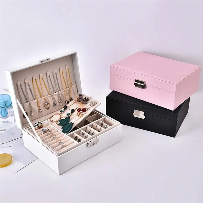 Caja de almacenamiento de joyas Caja de embalaje portátil de cuero de PU de doble capa Regalo multifunción de estilo europeo 211014