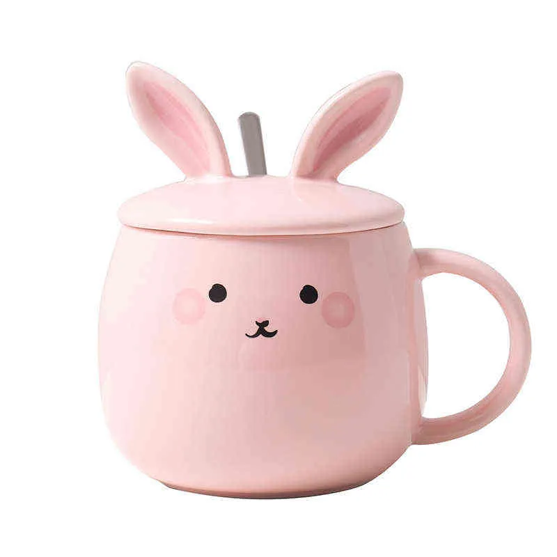 Керамическая чашка с мультяшным кроликом и ложкой, чашка для кофе, чашка для завтрака, кружка, милая студенческая пара, чашка с крышкой и ложкой G1126246B