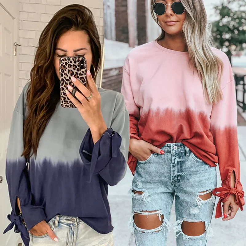 Casual Loose O-Neck Gradient Print Sweatshirt Kvinnor Bow Lace Up Långärmad Hoodies Höst Vinter Toppar Pullovers Red Dark Blue 210507