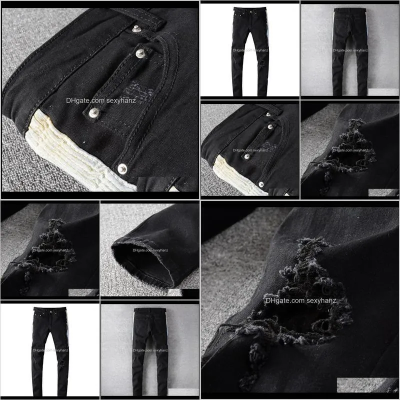 men`s pleated stripe line patchwork black jeans streetwear slim skinny stretch denim ripped pants1