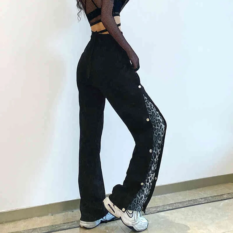 Streetwear Side Button Leopard Patched Sweatpants Women Y2k Pants Fashion New Drawstring High Waisted Long Trousers Capris 210415