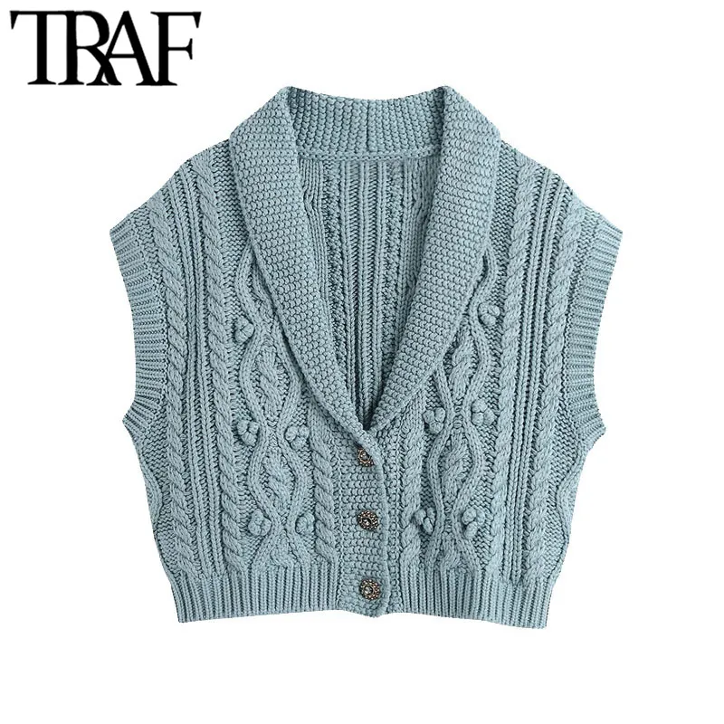 TRAF Women Fashion Bejewelled Buttons Cropped Cable-knit Vest Sweater Vintage Lapel Collar Female Waistcoat Chic Tops 210415