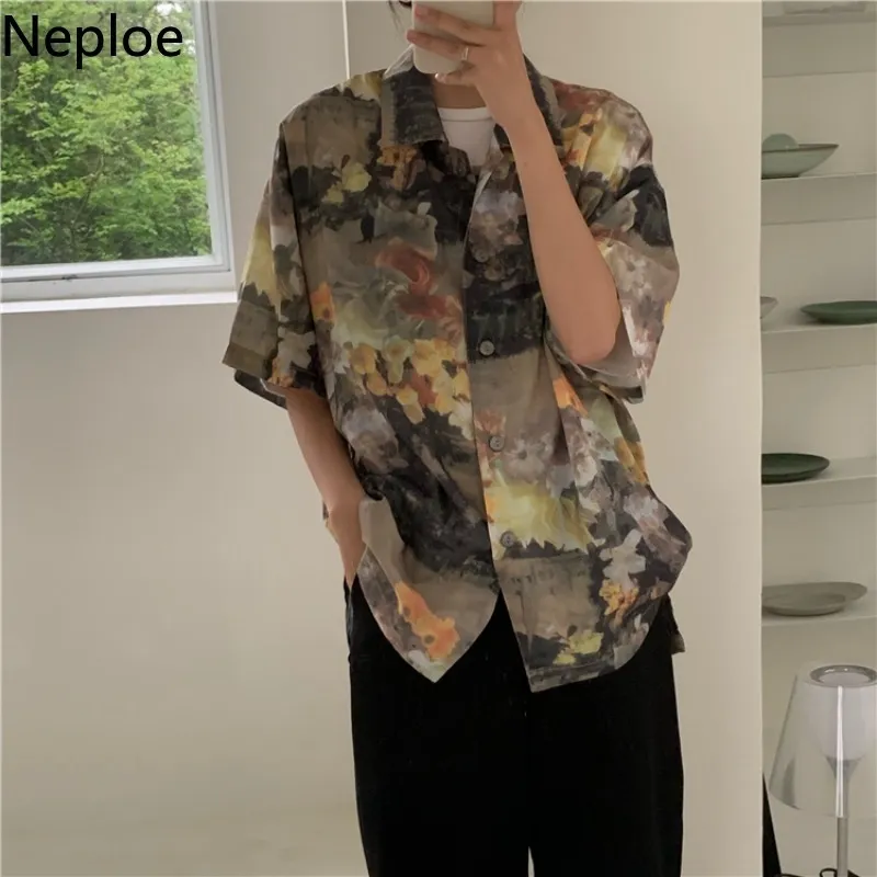 Neploe Peinture Imprimer Blouse Femmes Vintage À Manches Courtes Simple Poitrine Dames Blusa Chemises Printemps Lâche Casual Femme Top 210423