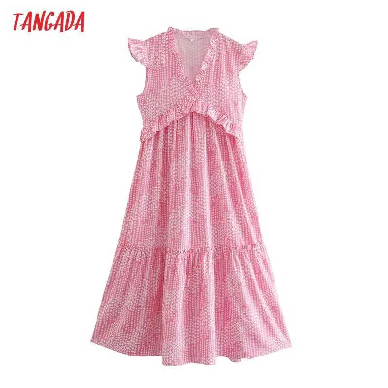 Tangada Sommar Kvinnor Blommor Skriv ut Rosa Robe Klänning Ruffles Kortärmad Ladies Midi Dress Vestidos 2W161 210609