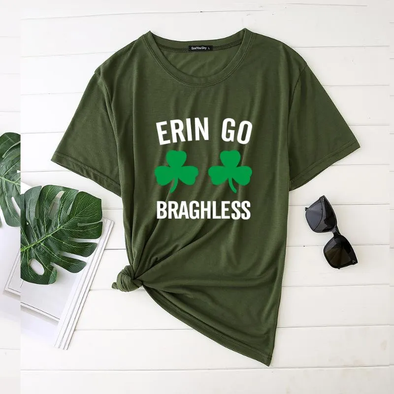 T-shirt das mulheres Erin Go Braghless Dois Shamrocks Imprimir St Patrick's Dia Mulher Tshirts Casual Gráfico Tee Tee Streetwear Pescoço Plus Size Pano