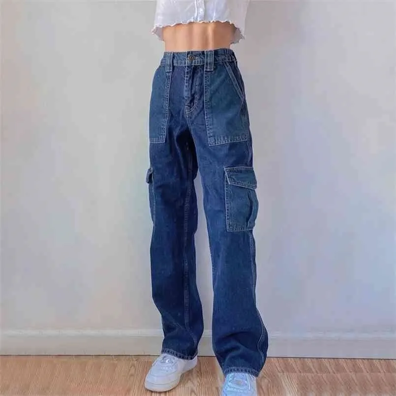 Jmprs alta cintura mulheres jeans primavera estilo preppy bolsos baggy denim calças casuais azul retalhos bolso Calças de rua 210809