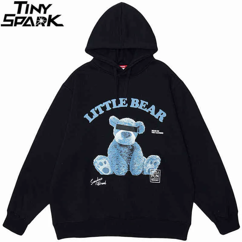 Hip Hop Pull À Capuche Hommes Drôle Ours Imprimé Streetwear Sweat Harajuku Coton Automne Mode Lâche Casual Hoodie 211106