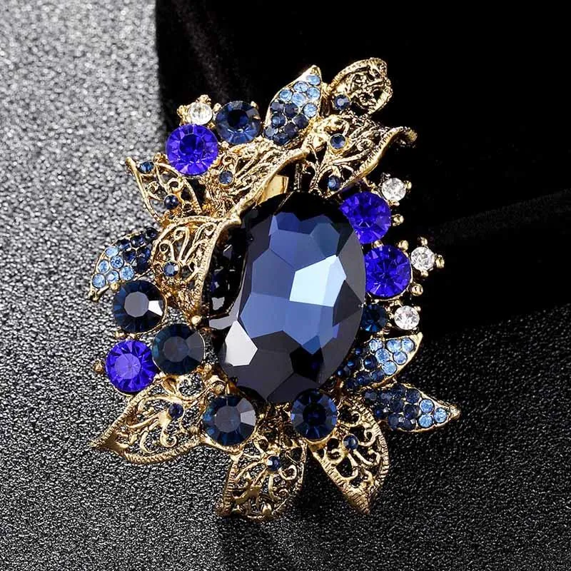 Pins, Brooches Antique Gold Vintage Flower Jewelry Wedding Rhinestone Pin Brooch Bridal Costume Collar Blue Broches Bijou