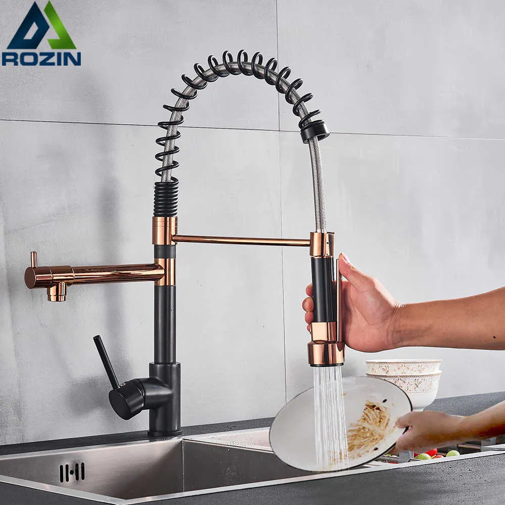 Rozin Black and Rose Golden Spring Pull Down Kitchen Faucet Bateria Water Crane Dotknij z Dual Spout Deck 210724