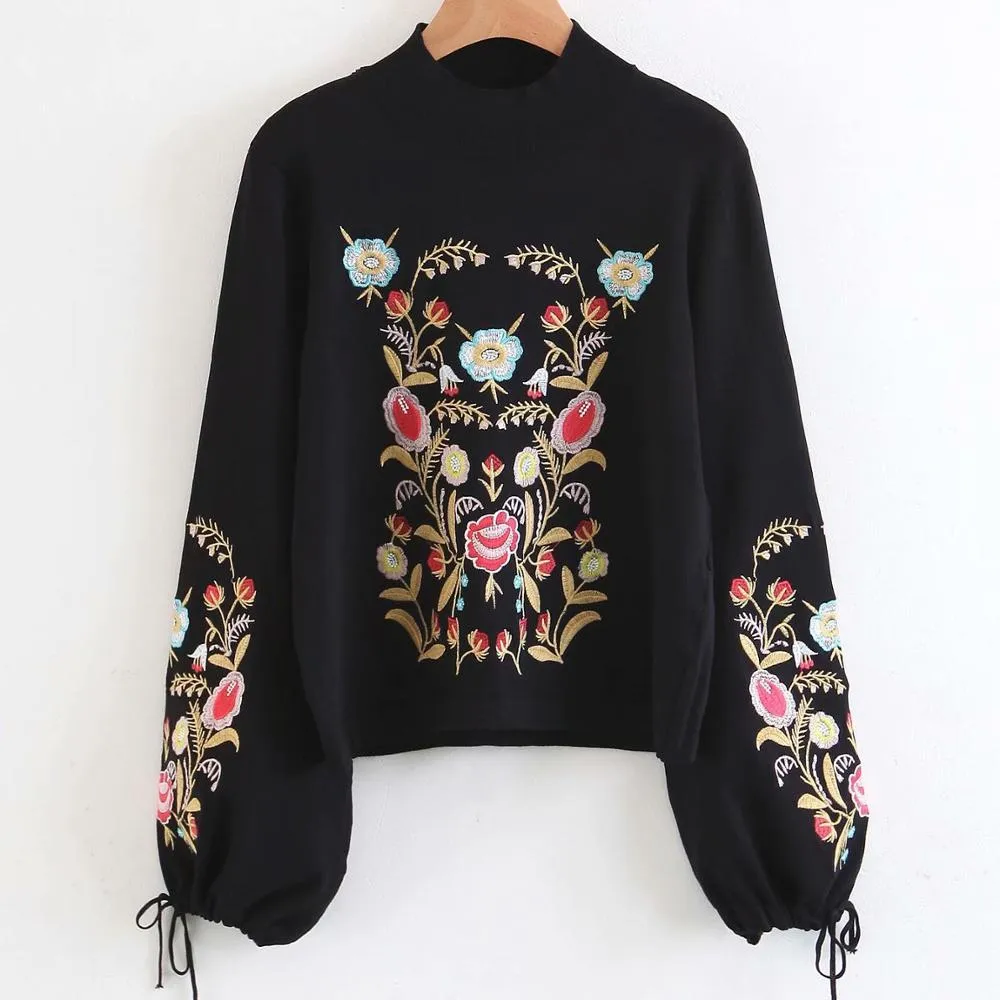 Mulher vintage estilo nacional bordado sweater moda senhoras outono de manga comprida knitwear feminino casual de malha top 210515