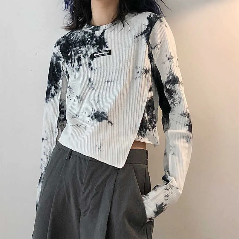 Yedinas Spring Tie Dye Long Sleeve T-shirt Irregular Chic Slim Crop Top Women High Street Fashion T Shirt Korean Streetwear Tops 210527